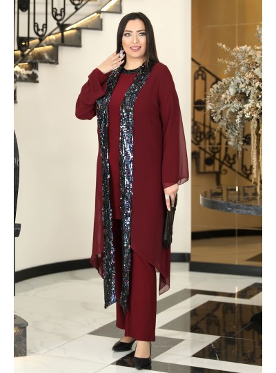 Rengin 3'lü Büyük Beden Tesettür Abiye Takım - Bordo